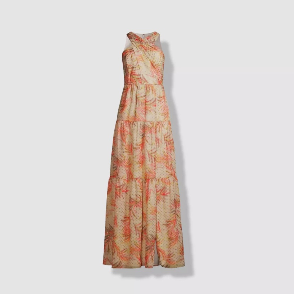 Aidan Mattox Women Coral Beige Gold Metallic Halter Tiered Maxi Dress Size 4